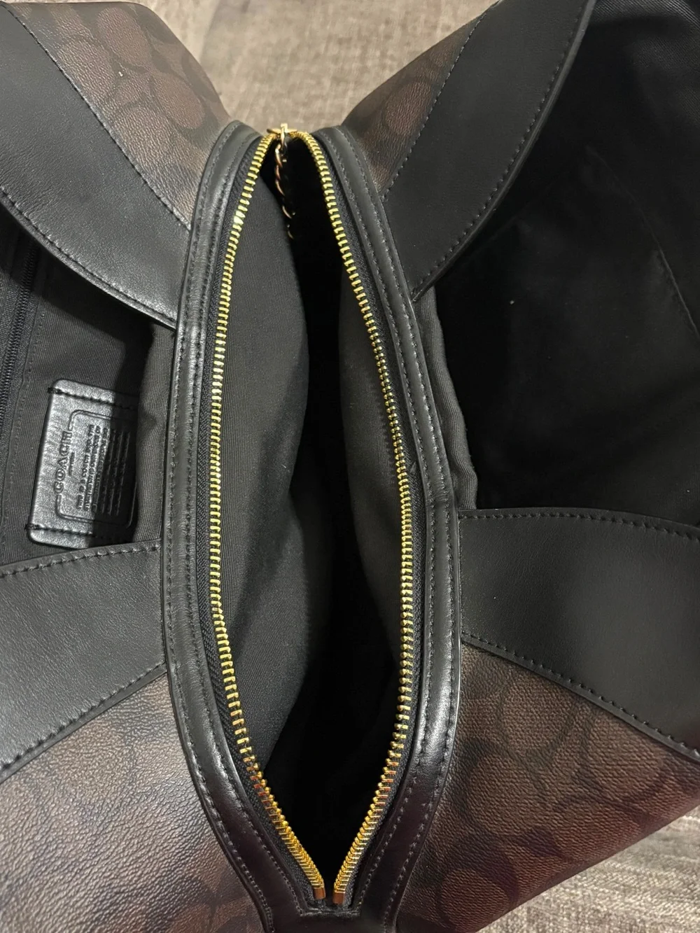 Coach Brown Signature Shoulder Tote with Black Trim and Gold Hardware